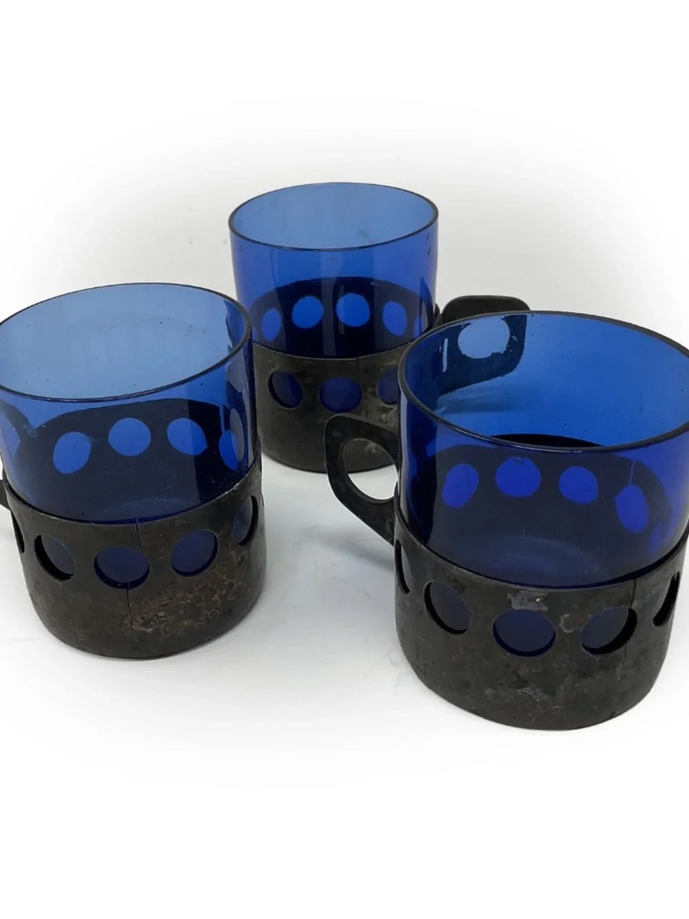 Rare set of 3 vintage mid-century modern cobalt blue glass mugs in metal cages